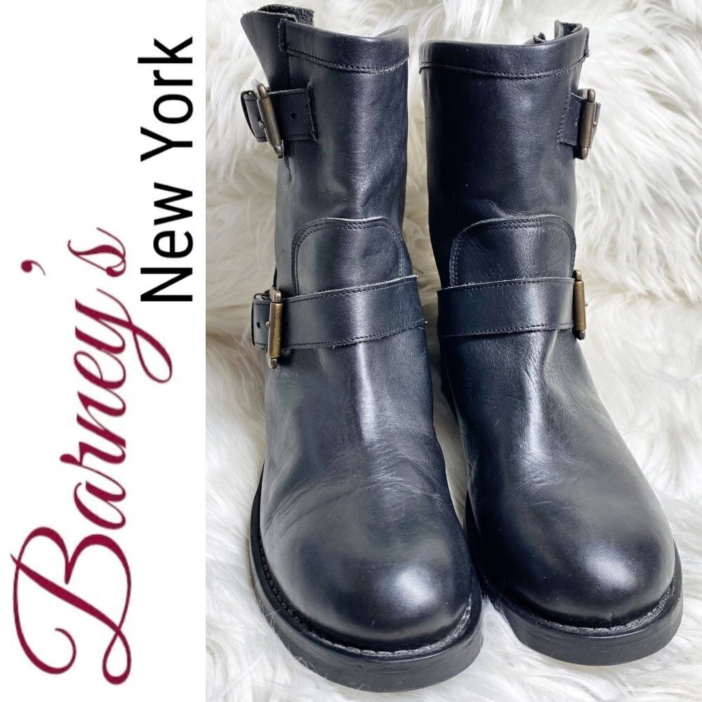 BARNEY'S NEW YORK Black Leather Moto Buckle Ankle Boots, Size 37 - Picture 3 of 11